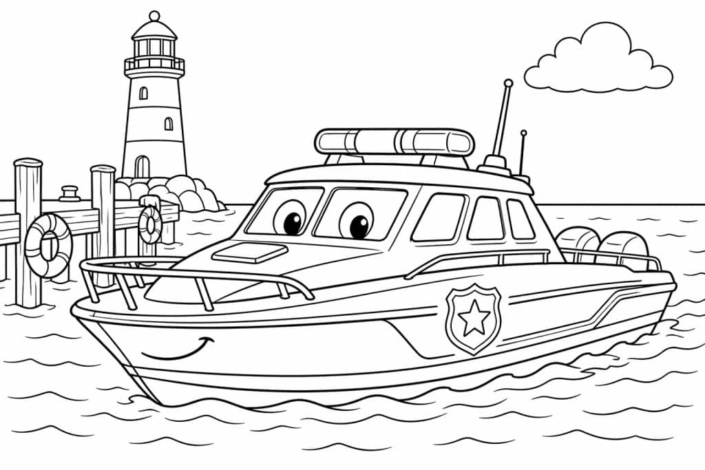 Polizeiboot im Hafen - Ausmalbild ab 6 Jahren
