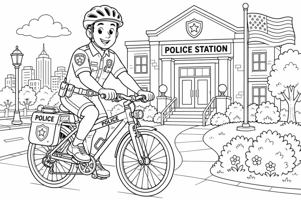 Polizeifahrrad vor der Wache - Ausmalbild ab 6 Jahren