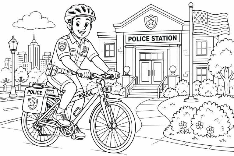 Polizeifahrrad vor der Wache - Ausmalbild ab 6 Jahren