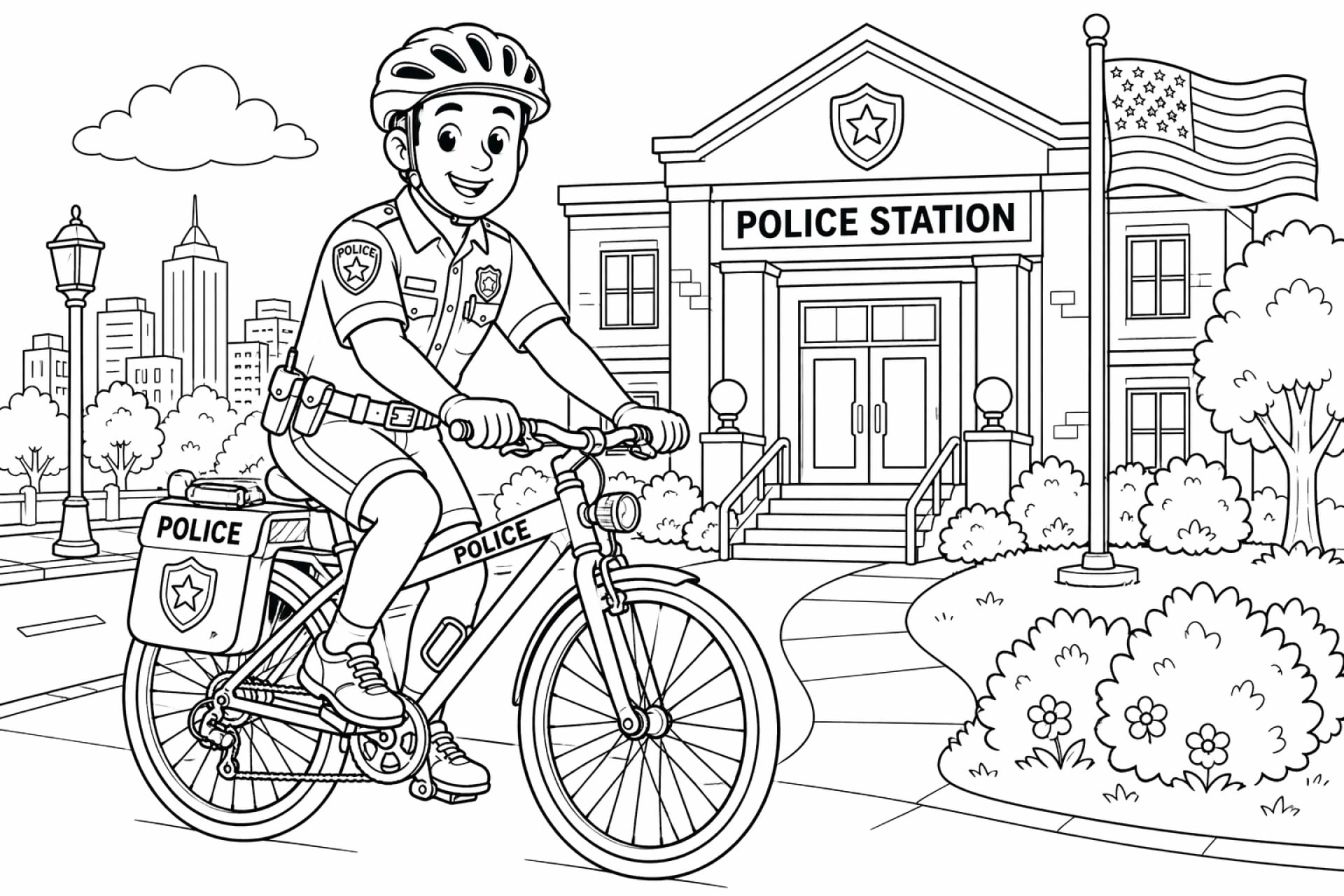 Polizeifahrrad vor der Wache - Ausmalbild ab 6 Jahren