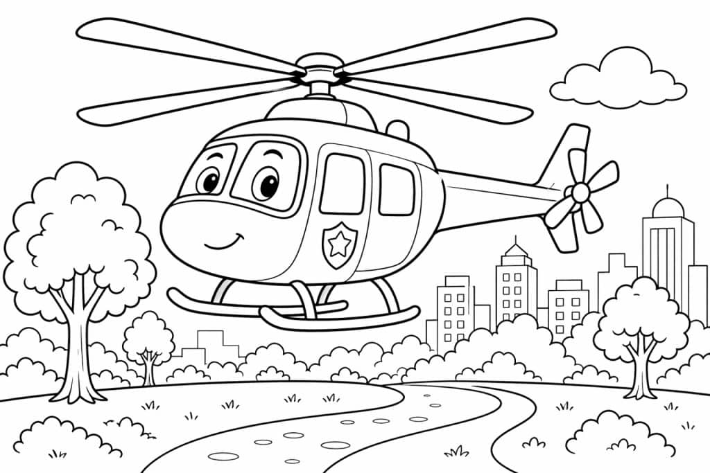 Polizeihubschrauber über dem Park - Ausmalbild ab 6 Jahren