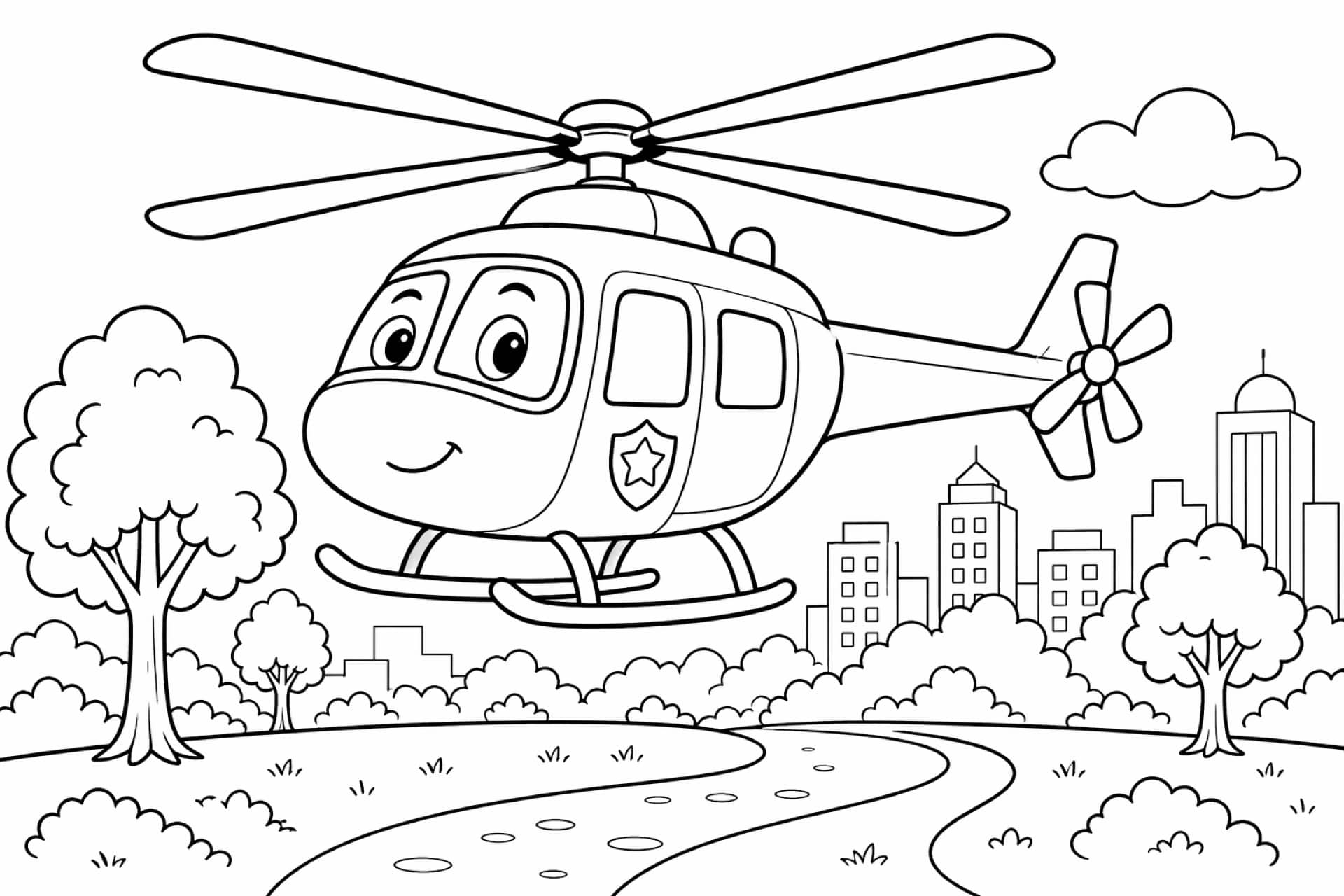 Polizeihubschrauber über dem Park - Ausmalbild ab 6 Jahren