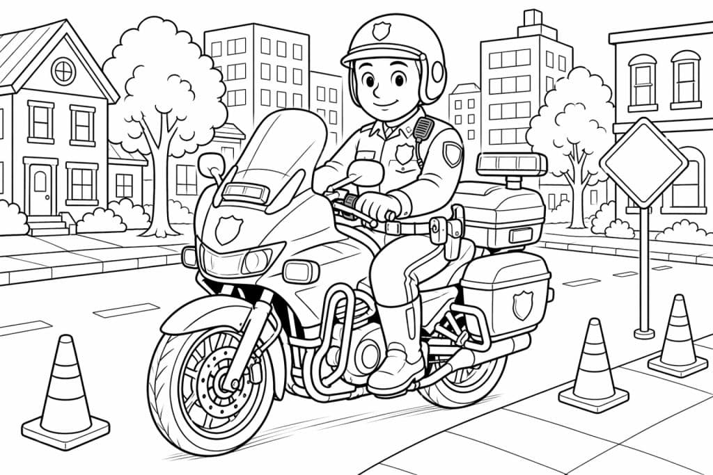 Polizeimotorrad in der Stadt - Ausmalbild ab 6 Jahren
