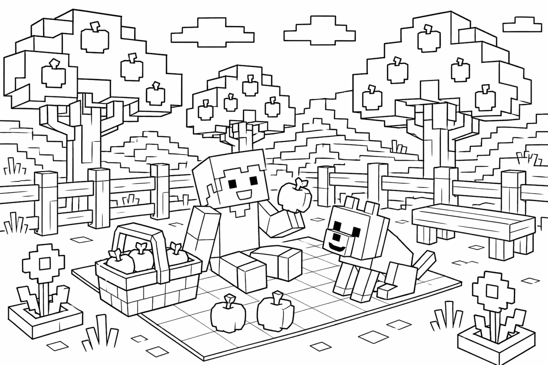 Blockwelt Apfelgarten Picknick - Ausmalbild ab 6 Jahren