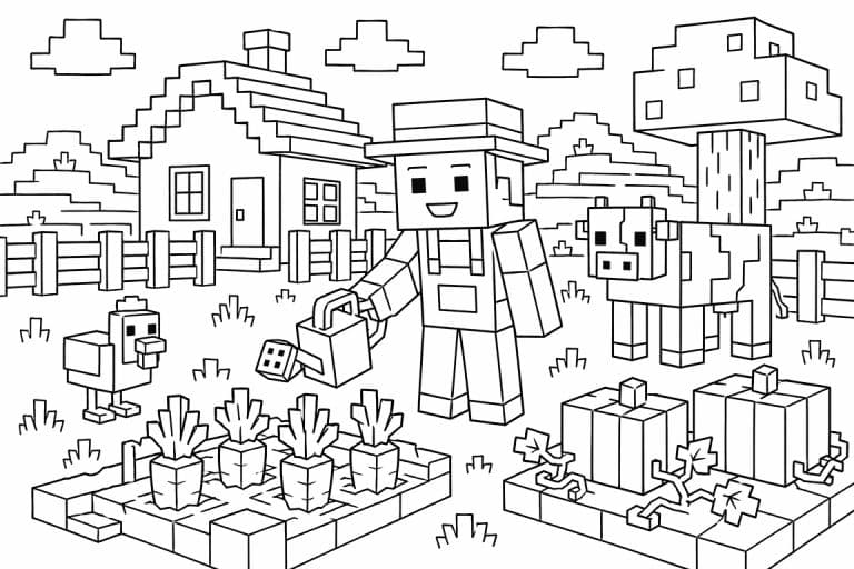 Blockwelt Bauernhof - Ausmalbild ab 6 Jahren