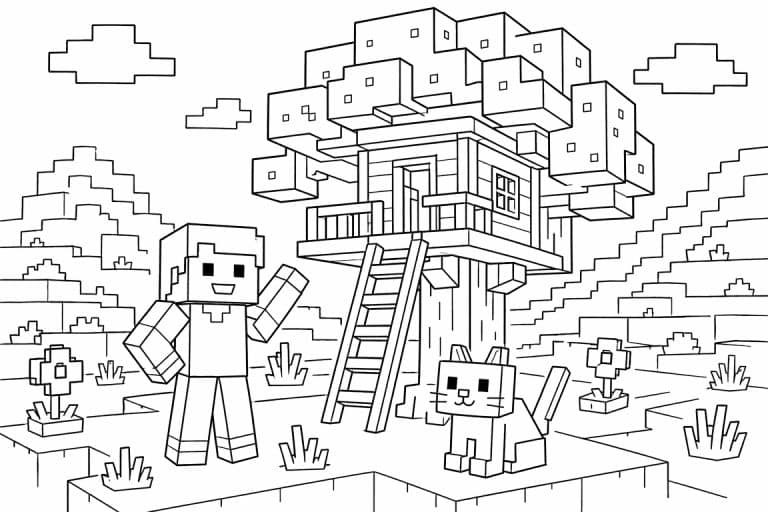 Blockwelt Baumhaus - Ausmalbild ab 6 Jahren