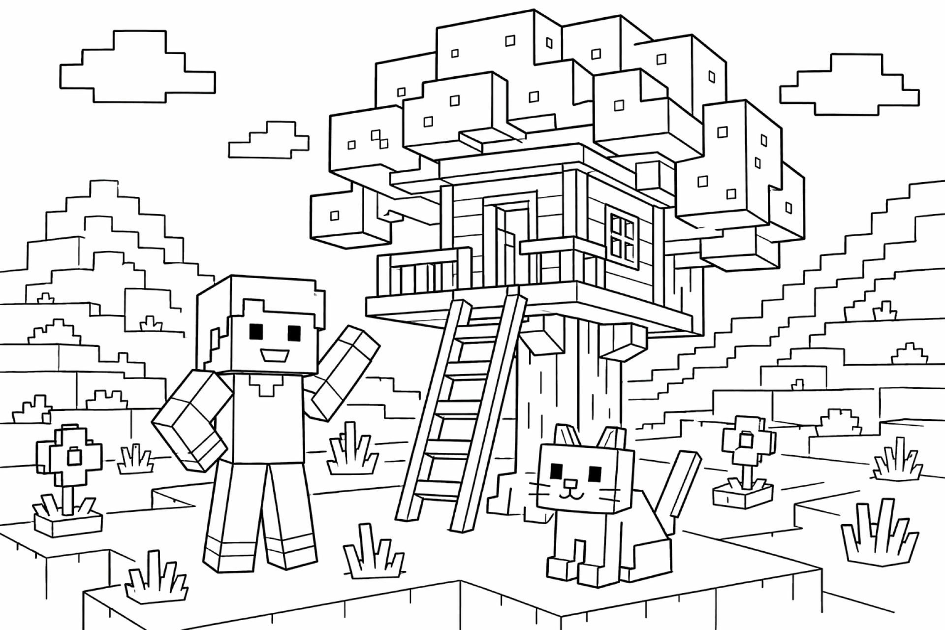 Blockwelt Baumhaus - Ausmalbild ab 6 Jahren