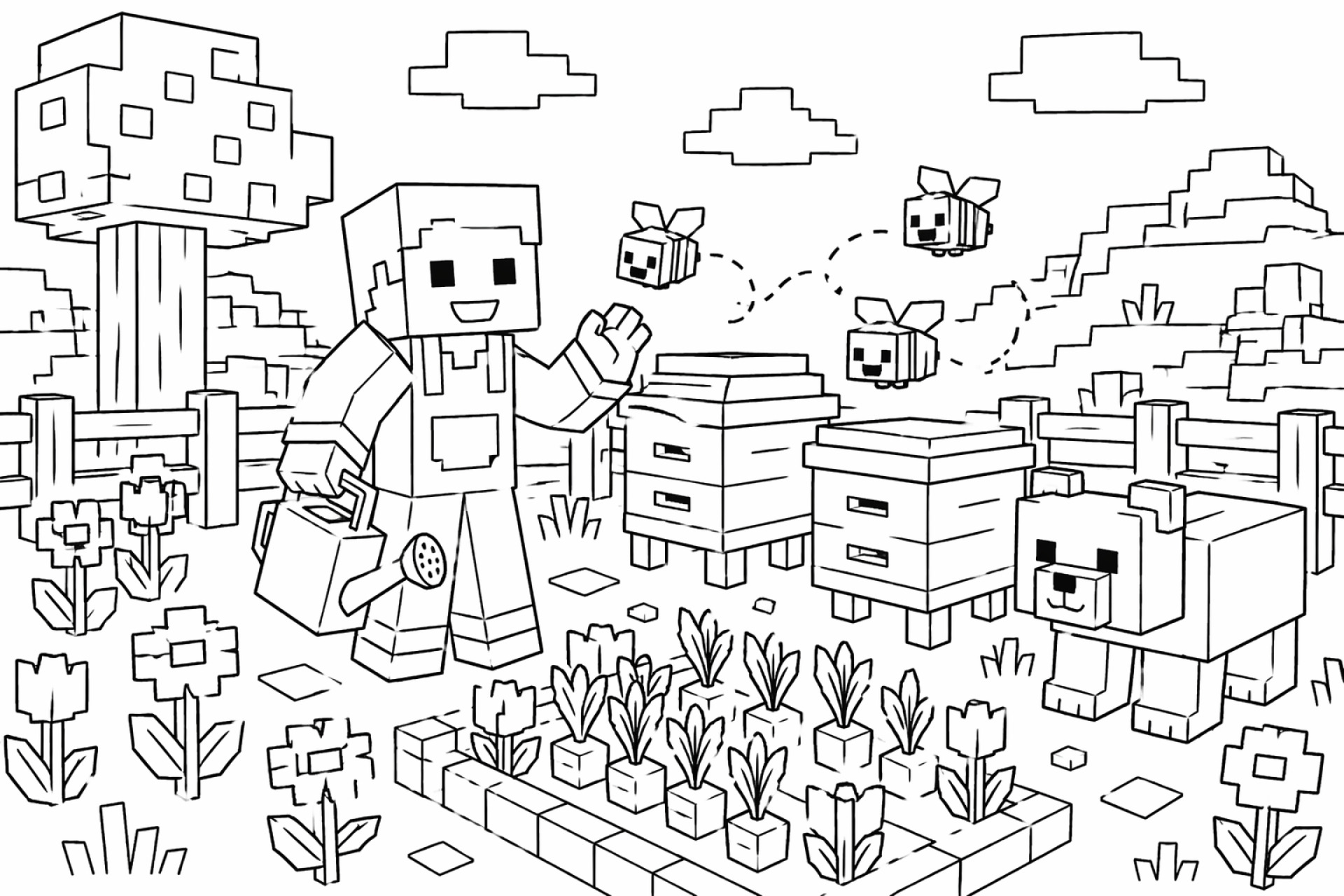 Blockwelt Bienen Garten - Ausmalbild ab 6 Jahren