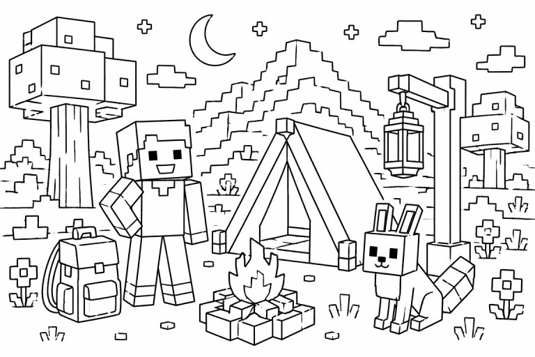 Blockwelt Camping - Ausmalbild ab 6 Jahren