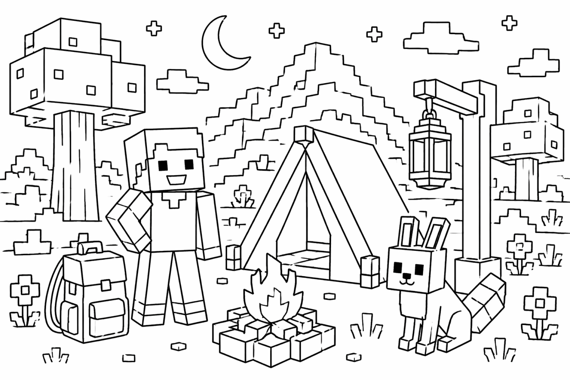 Blockwelt Camping - Ausmalbild ab 6 Jahren