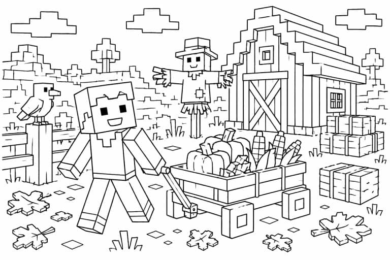 Blockwelt Erntewagen - Ausmalbild ab 6 Jahren