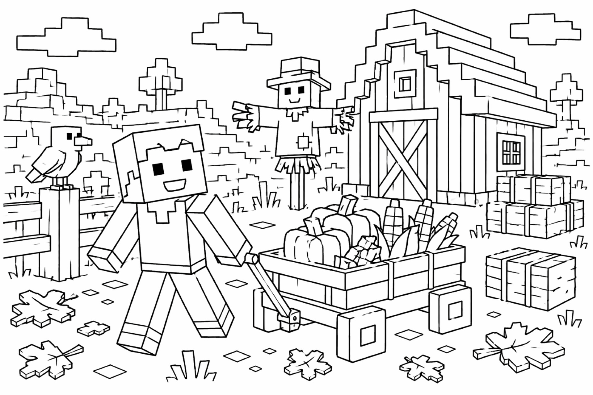 Blockwelt Erntewagen - Ausmalbild ab 6 Jahren