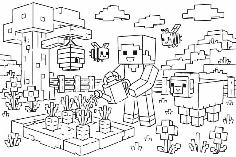 Blockwelt Garten mit Bienen - Ausmalbild ab 6 Jahren