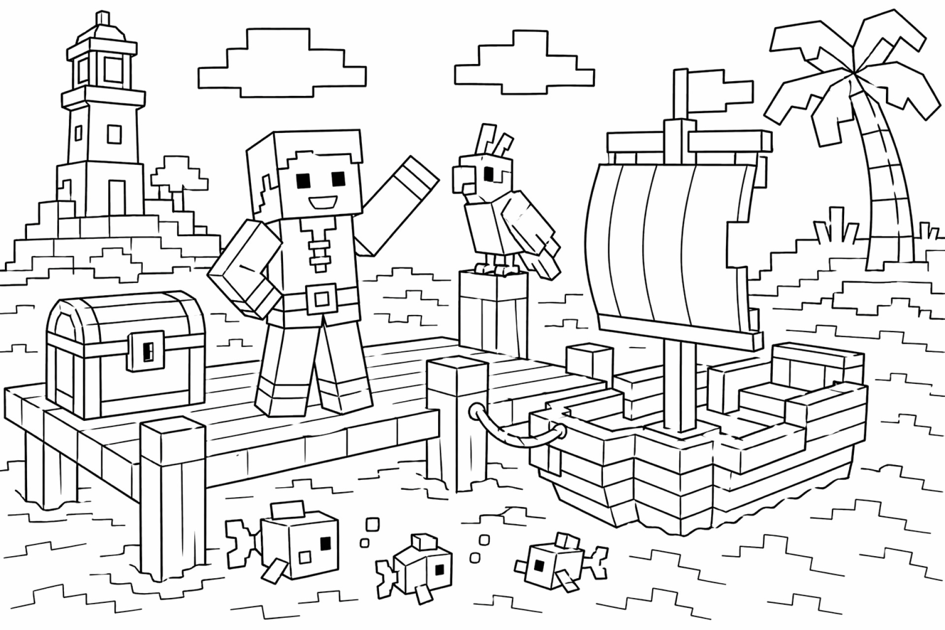 Blockwelt Hafen Abenteuer - Ausmalbild ab 6 Jahren