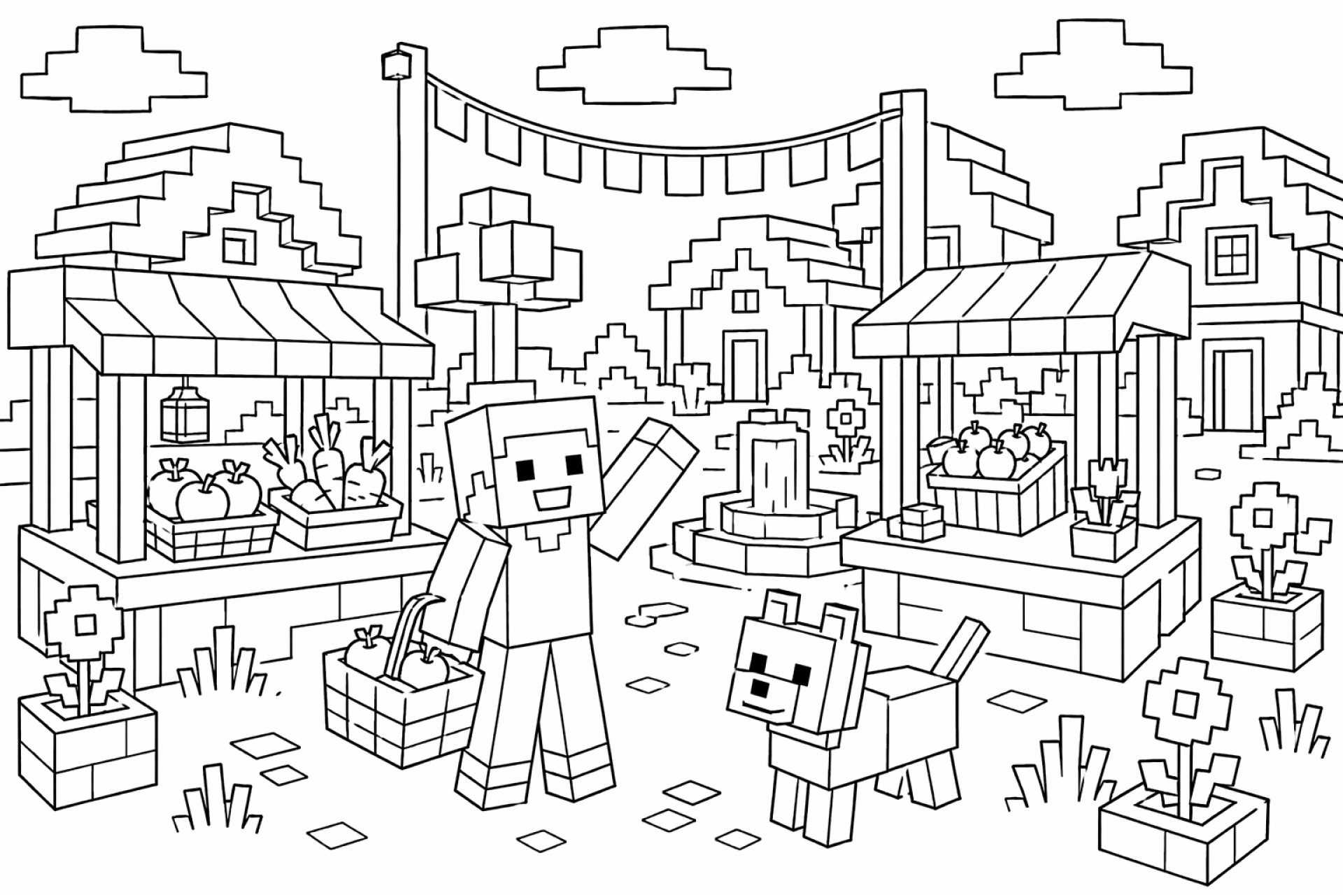 Blockwelt Markttag - Ausmalbild ab 6 Jahren