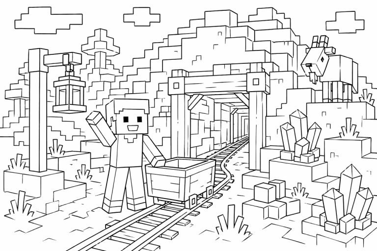 Blockwelt Minenbahn - Ausmalbild ab 6 Jahren