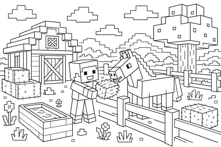 Blockwelt Pferdehof Ausmalbild - Ausmalbild ab 6 Jahren