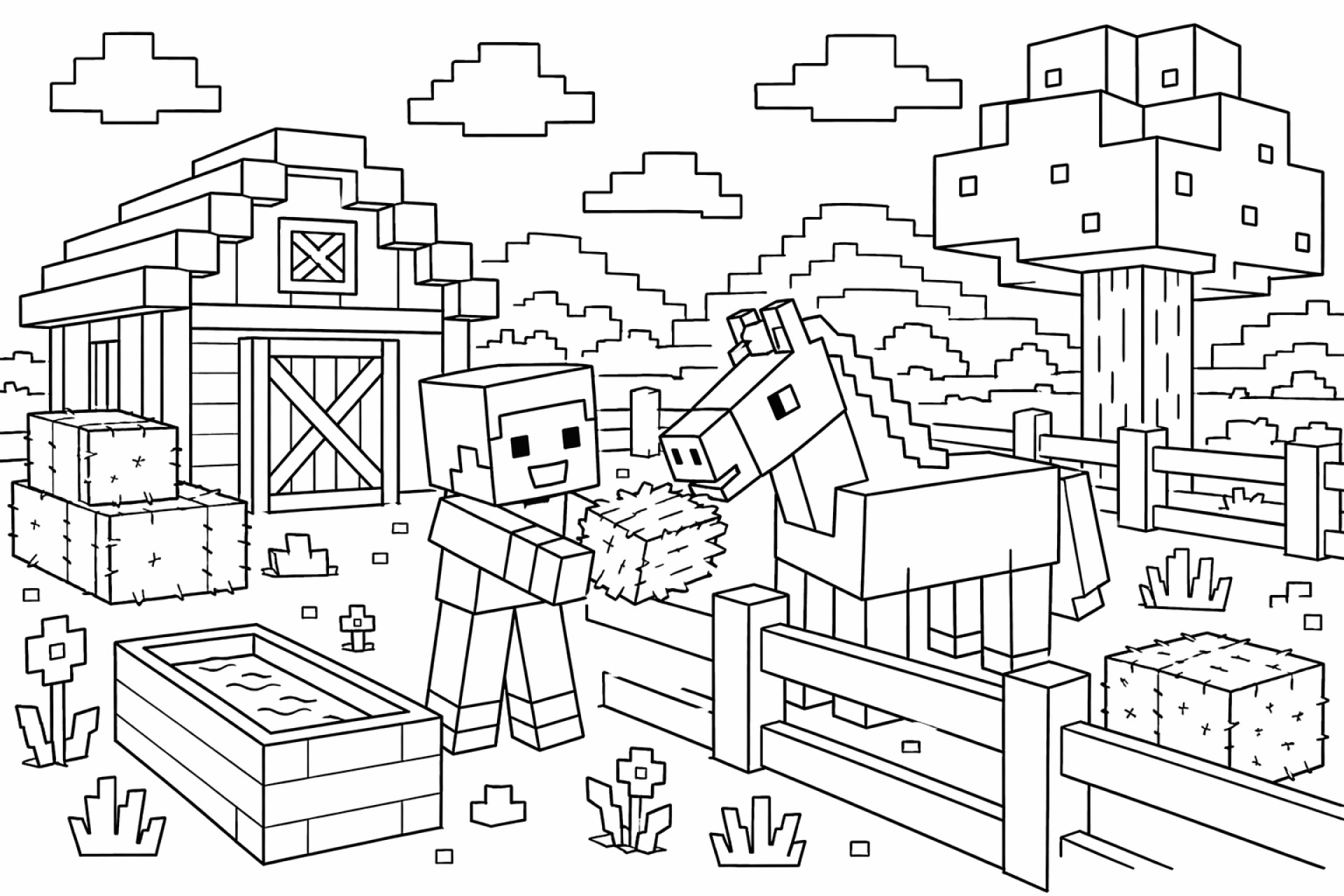 Blockwelt Pferdehof Ausmalbild - Ausmalbild ab 6 Jahren