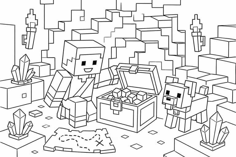 Blockwelt Schatzsuche - Ausmalbild ab 6 Jahren