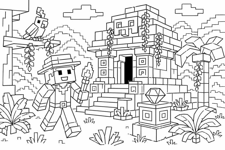 Blockwelt Tempel Abenteuer - Ausmalbild ab 6 Jahren