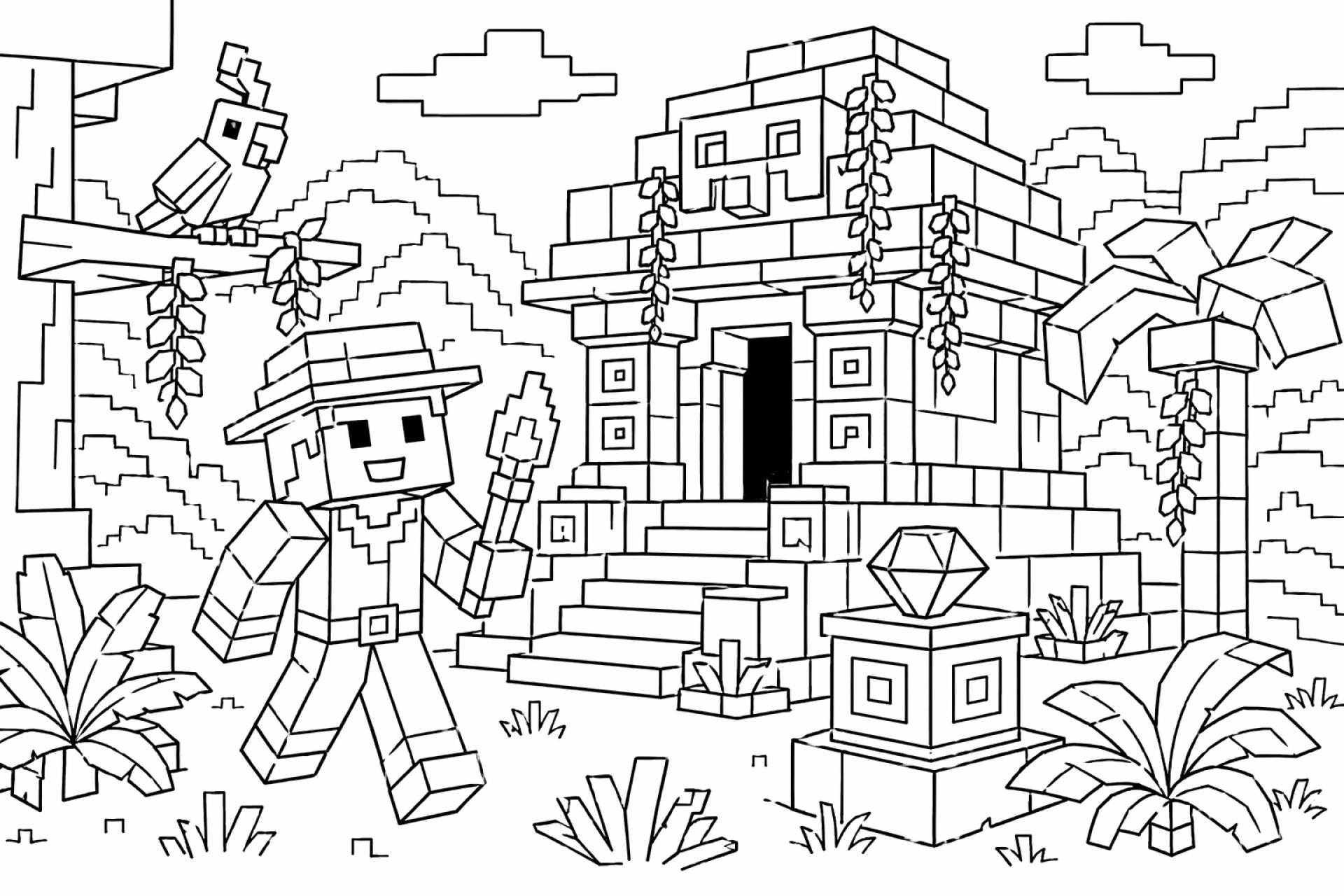 Blockwelt Tempel Abenteuer - Ausmalbild ab 6 Jahren