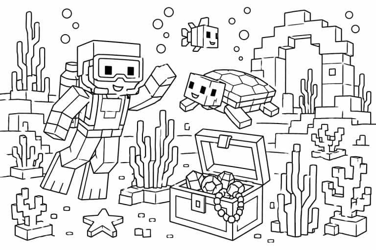 Blockwelt Unterwasser - Ausmalbild ab 6 Jahren