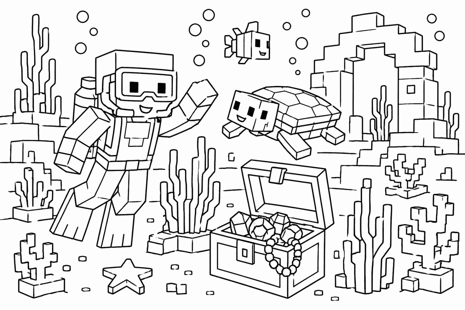 Blockwelt Unterwasser - Ausmalbild ab 6 Jahren