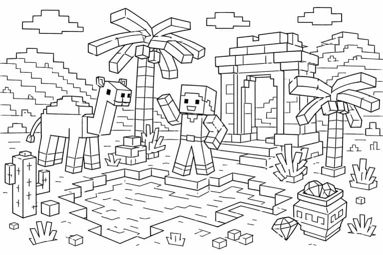 Blockwelt Wüstenoase - Ausmalbild ab 6 Jahren