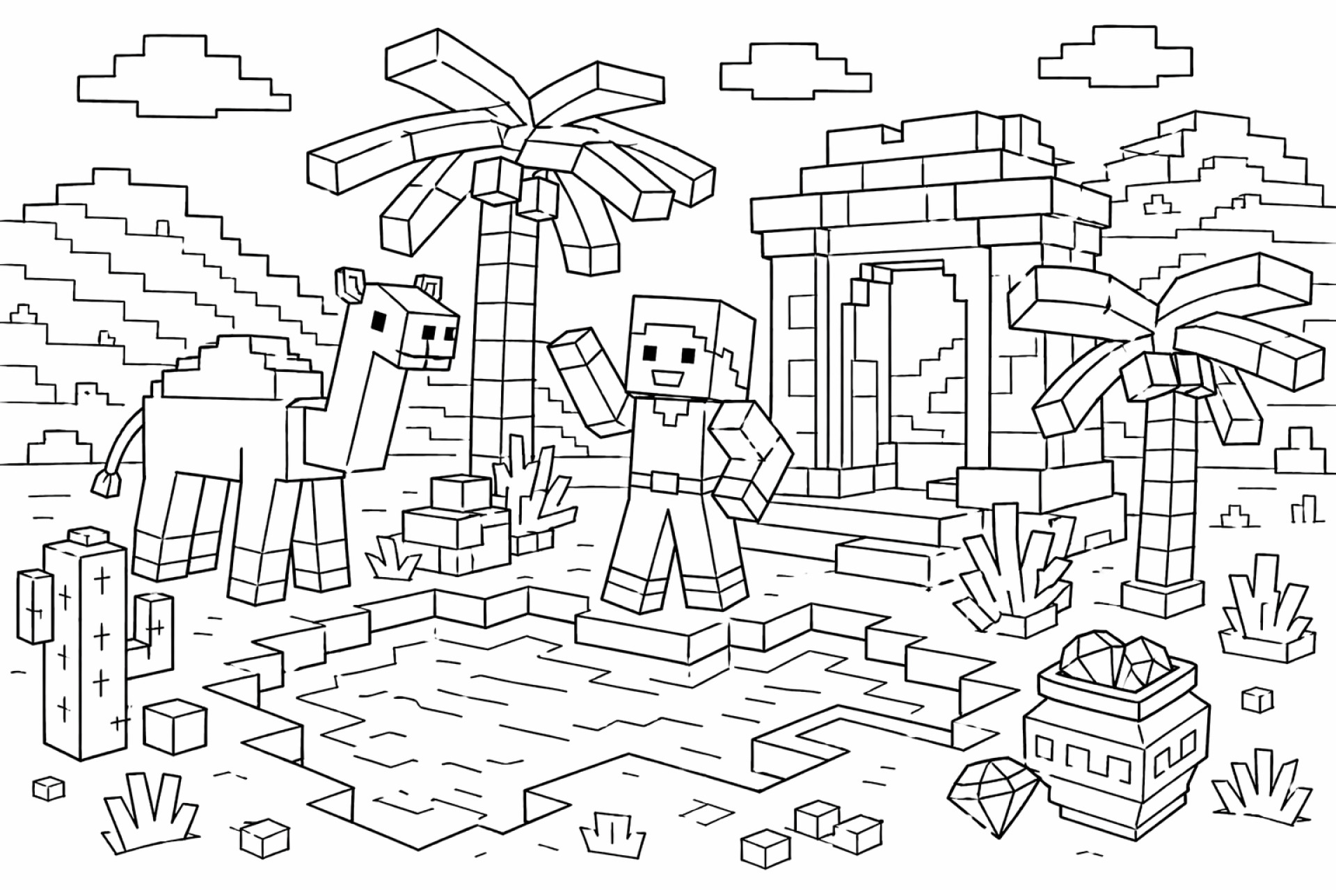 Blockwelt Wüstenoase - Ausmalbild ab 6 Jahren