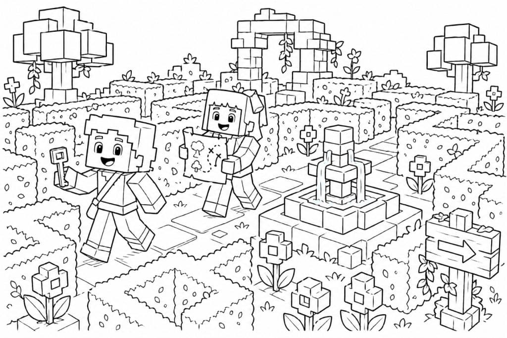 Bloxwelt Abenteuer im Gartenlabyrinth - Ausmalbild ab 6 Jahren