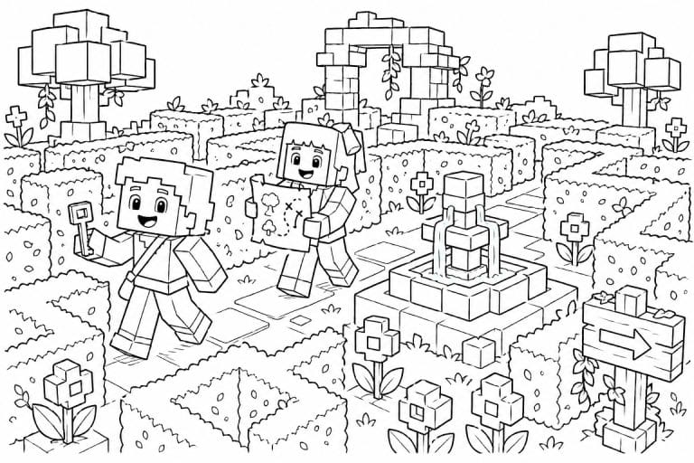 Bloxwelt Abenteuer im Gartenlabyrinth - Ausmalbild ab 6 Jahren