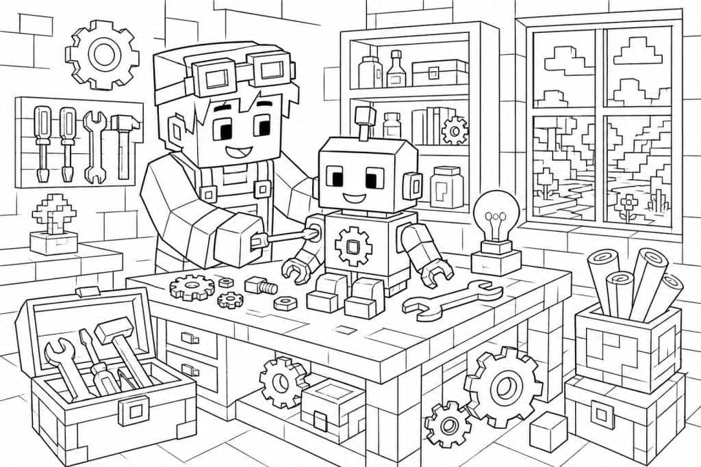 Bloxwelt Erfinder baut einen Roboter - Ausmalbild ab 6 Jahren