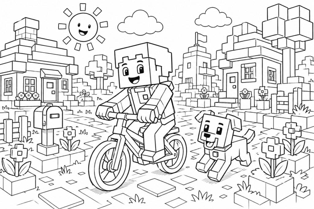 Bloxwelt Fahrradtour mit Hund - Ausmalbild ab 6 Jahren