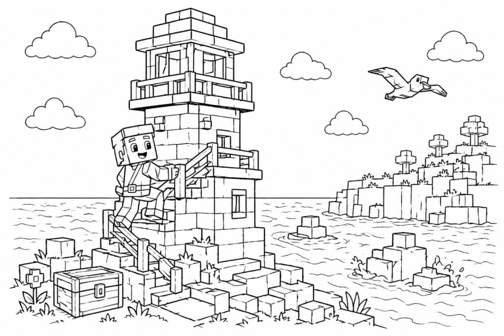 Bloxwelt Leuchtturm am Meer - Ausmalbild ab 6 Jahren