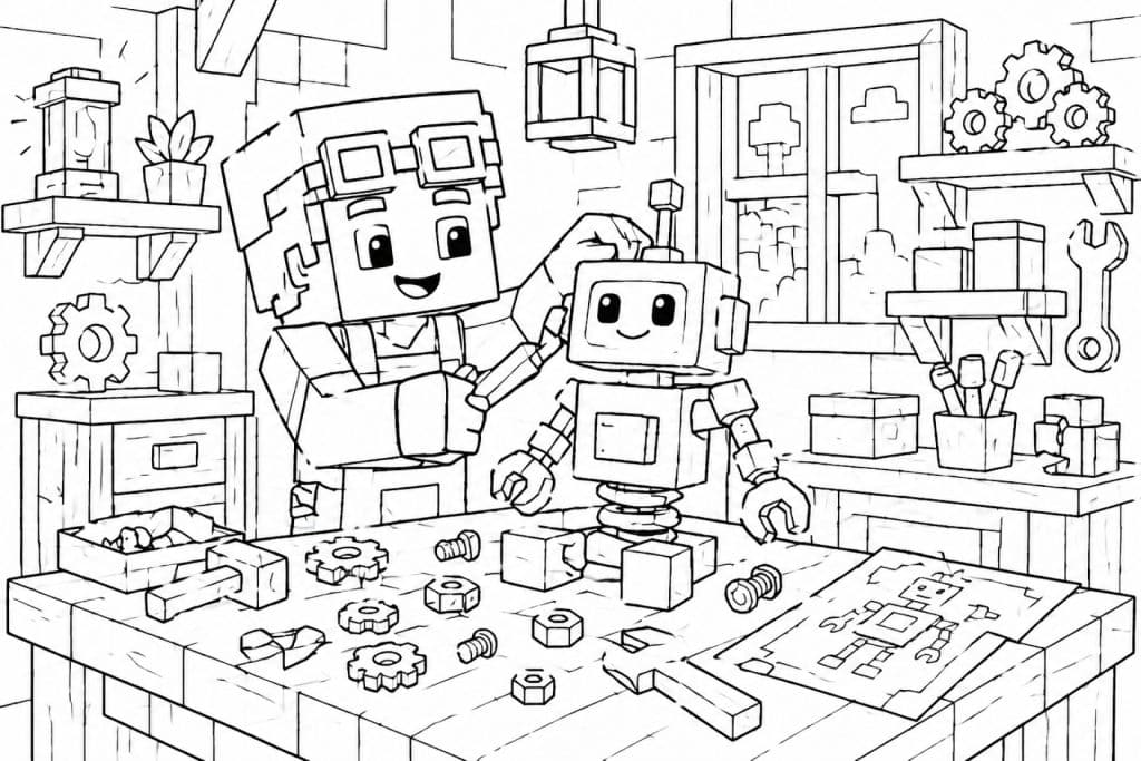 Bloxwelt Roboterwerkstatt - Ausmalbild ab 6 Jahren