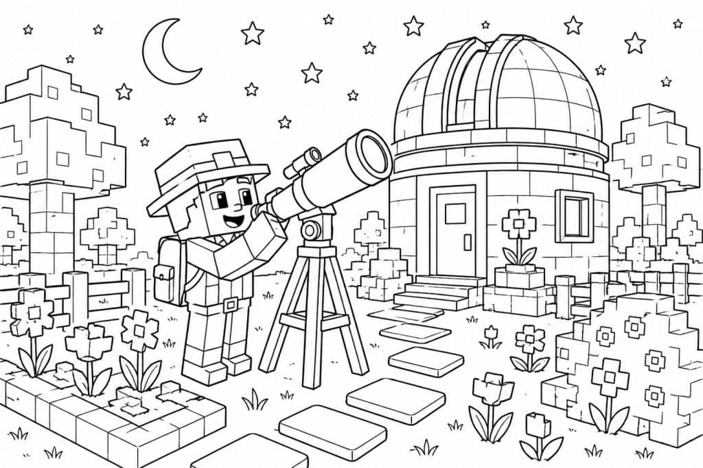 Bloxwelt Sternwarte im Garten - Ausmalbild ab 6 Jahren