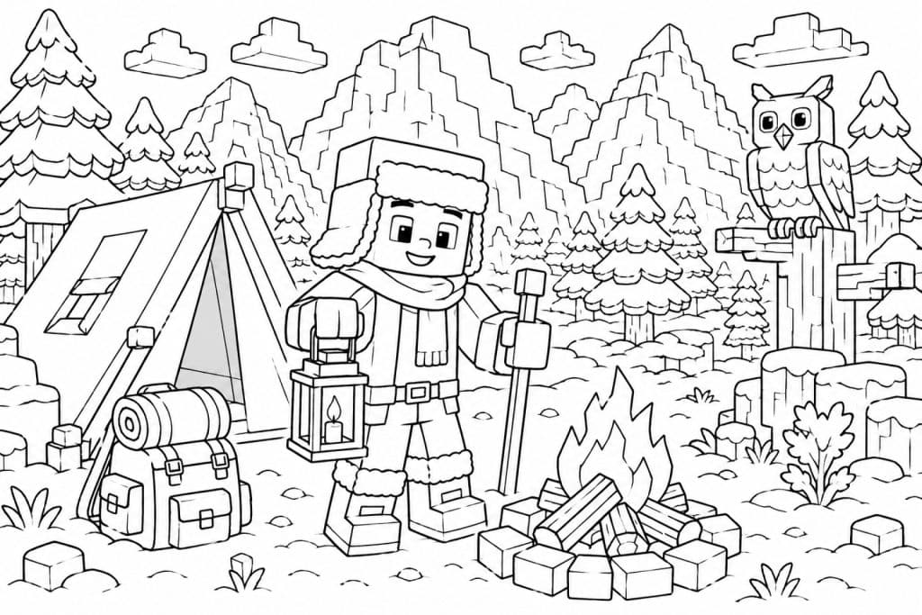 Bloxwelt Wintercamp im Gebirge - Ausmalbild ab 6 Jahren