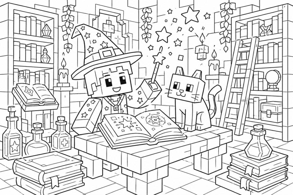 Bloxwelt Zauberbibliothek mit Katze - Ausmalbild ab 6 Jahren