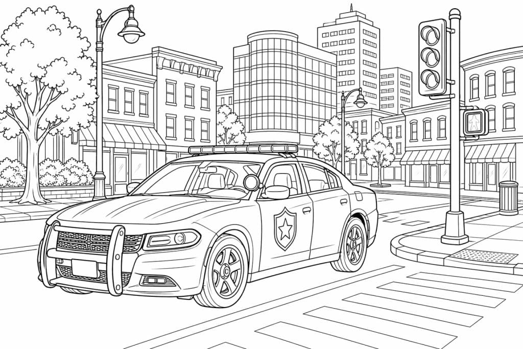 Polizeiauto in der Stadt - Ausmalbild ab 8 Jahren