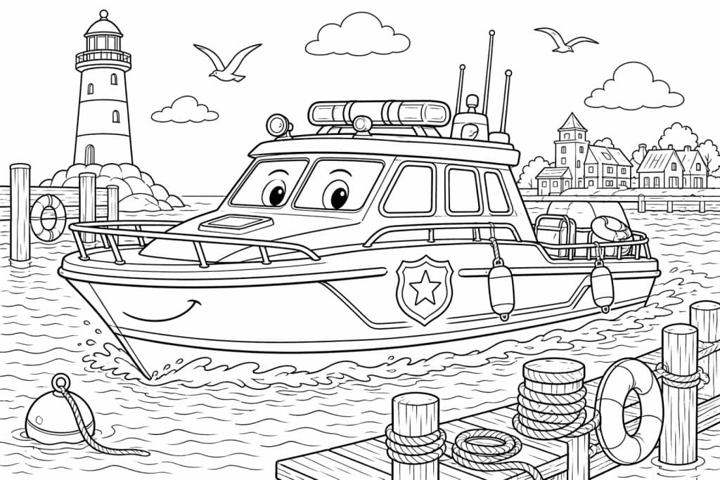 Polizeiboot im Hafen - Ausmalbild ab 8 Jahren