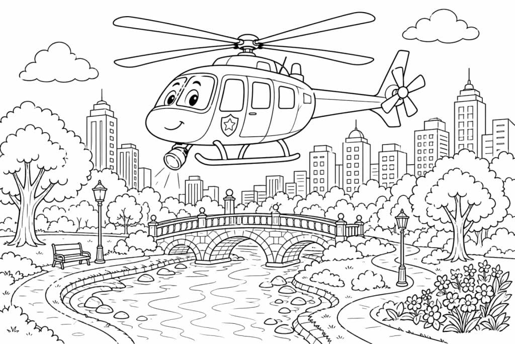 Polizeihubschrauber über dem Park - Ausmalbild ab 8 Jahren