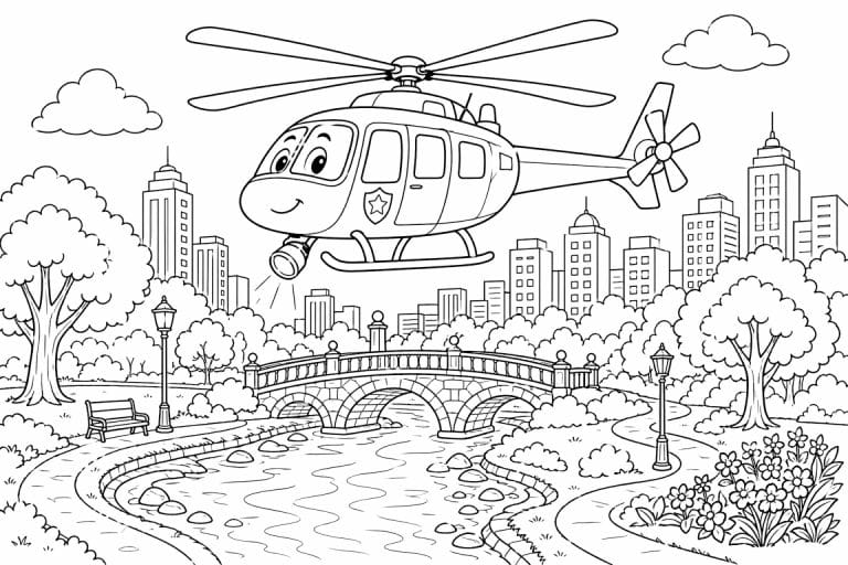 Polizeihubschrauber über dem Park - Ausmalbild ab 8 Jahren