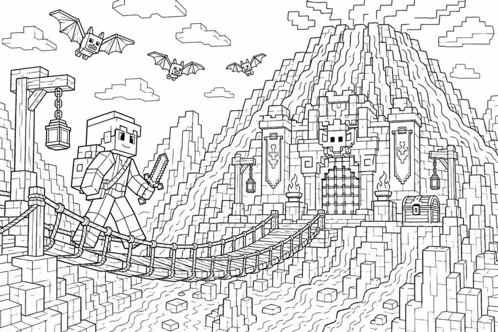 Blockwelt Lavafestung - Ausmalbild ab 8 Jahren