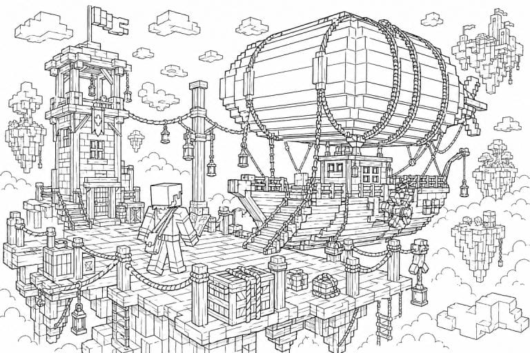 Blockwelt Luftschiffhafen - Ausmalbild ab 8 Jahren