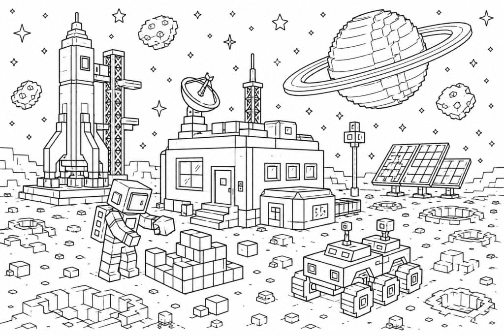 Blockwelt Mondbasis - Ausmalbild ab 8 Jahren