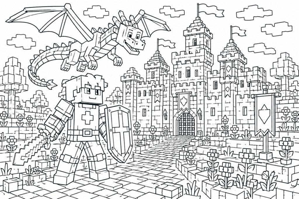Blockwelt Ritter und Drache - Ausmalbild ab 8 Jahren