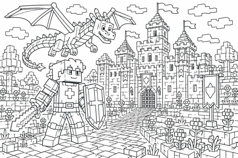 Blockwelt Ritter und Drache - Ausmalbild ab 8 Jahren
