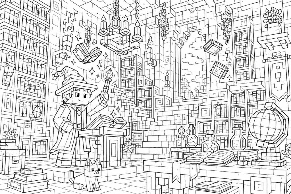 Blockwelt Zauberbibliothek - Ausmalbild ab 8 Jahren