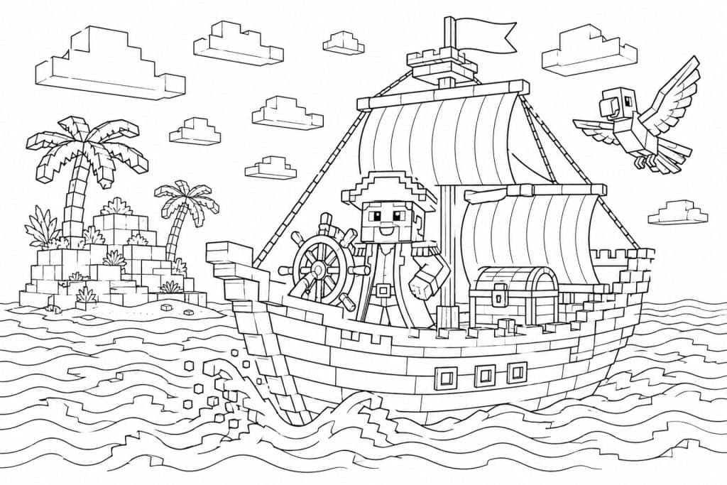 Bloxwelt Piratenschiff auf hoher See - Ausmalbild ab 8 Jahren