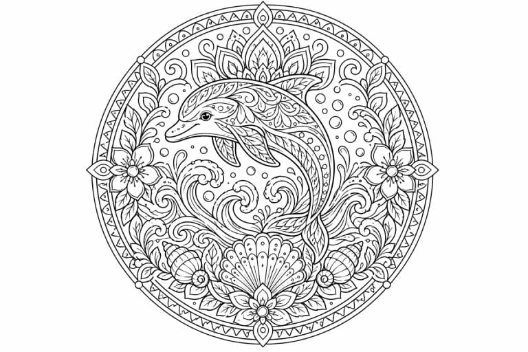 Delfinwellen-Mandala - Ausmalbild ab Erwachsene